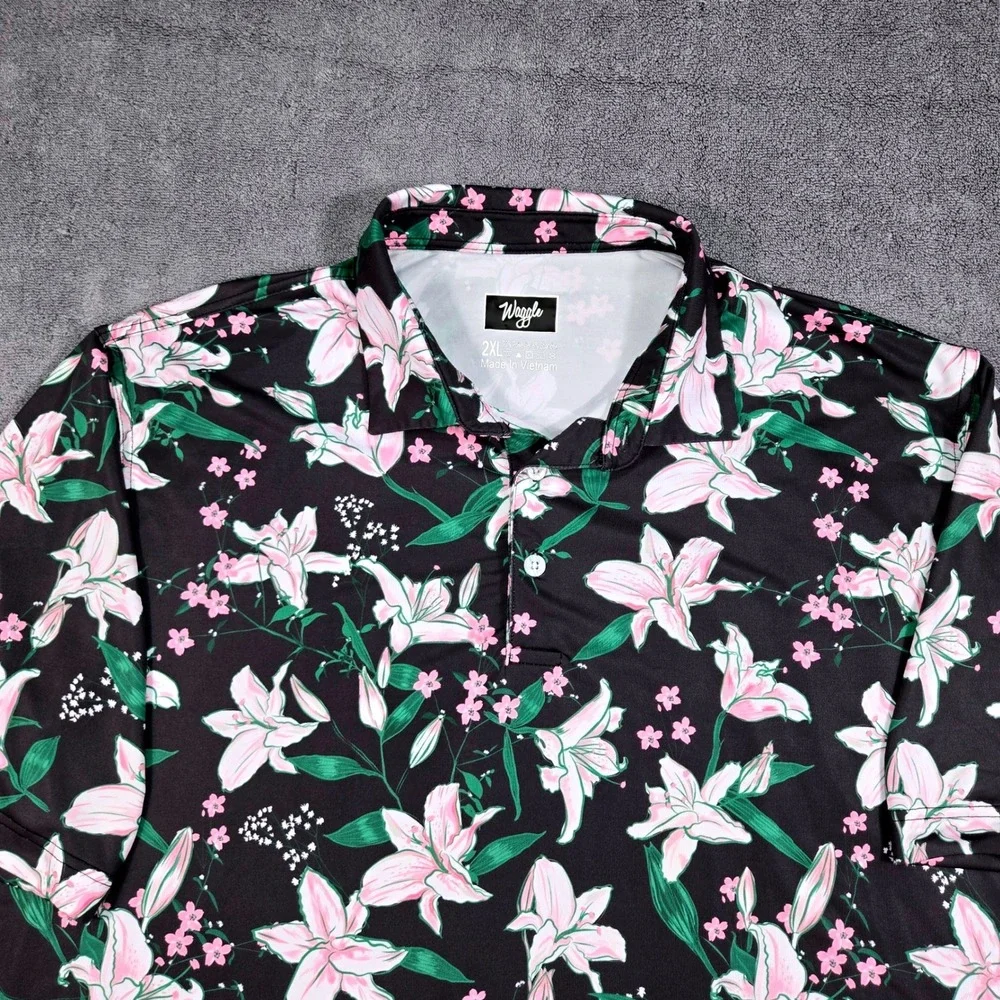 Waggle Golf Polo Mens 2XL Black Pink Floral Lily Performance Stretch Excellent - Picture 3 of 10
